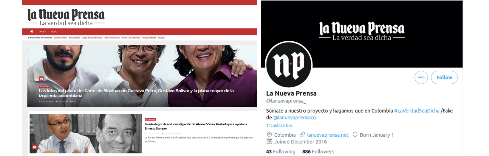 Imagen 1: Sitio clon de La Nueva Prensa / Imagen 2: Cuenta falsa de Twitter de La Nueva Prensa
