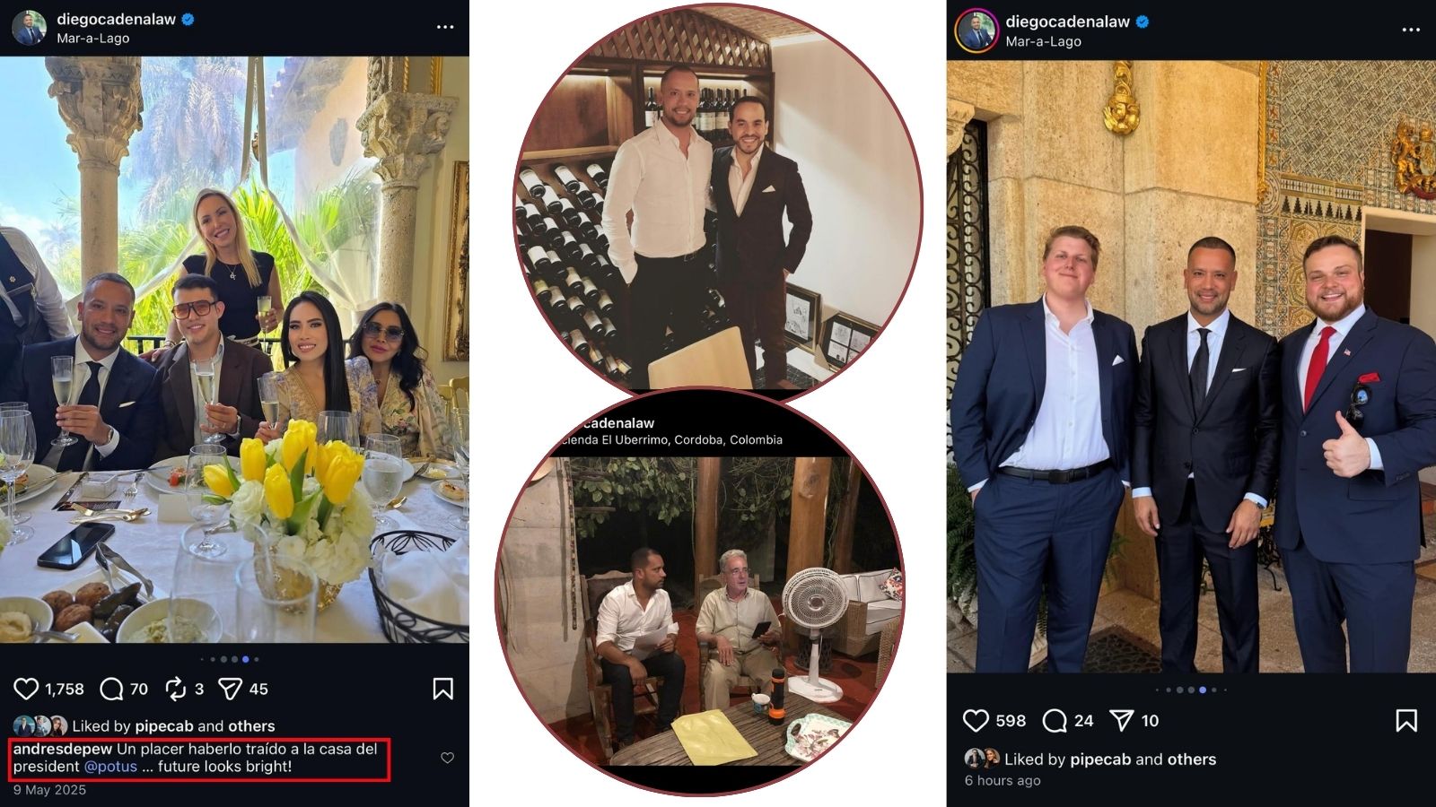 Foto izquierda: Diego Cadena, Andrés Depew y tres mujeres desconocidas invitadas al evento – comentario resaltado en rojo de Andres Depew confirmando que gestionó el evento en favor del hoy condenado abogado. Foto central superior: Diego Cadena junto a Abelardo de la Espriella. Foto central inferior: Diego Cadena y Álvaro Uribe. Foto derecha: Diego Cadena junto a dos invitados desconocidos al evento en Mar-A-Lago. Fotos tomadas del perfil de Instagram de Cadena.