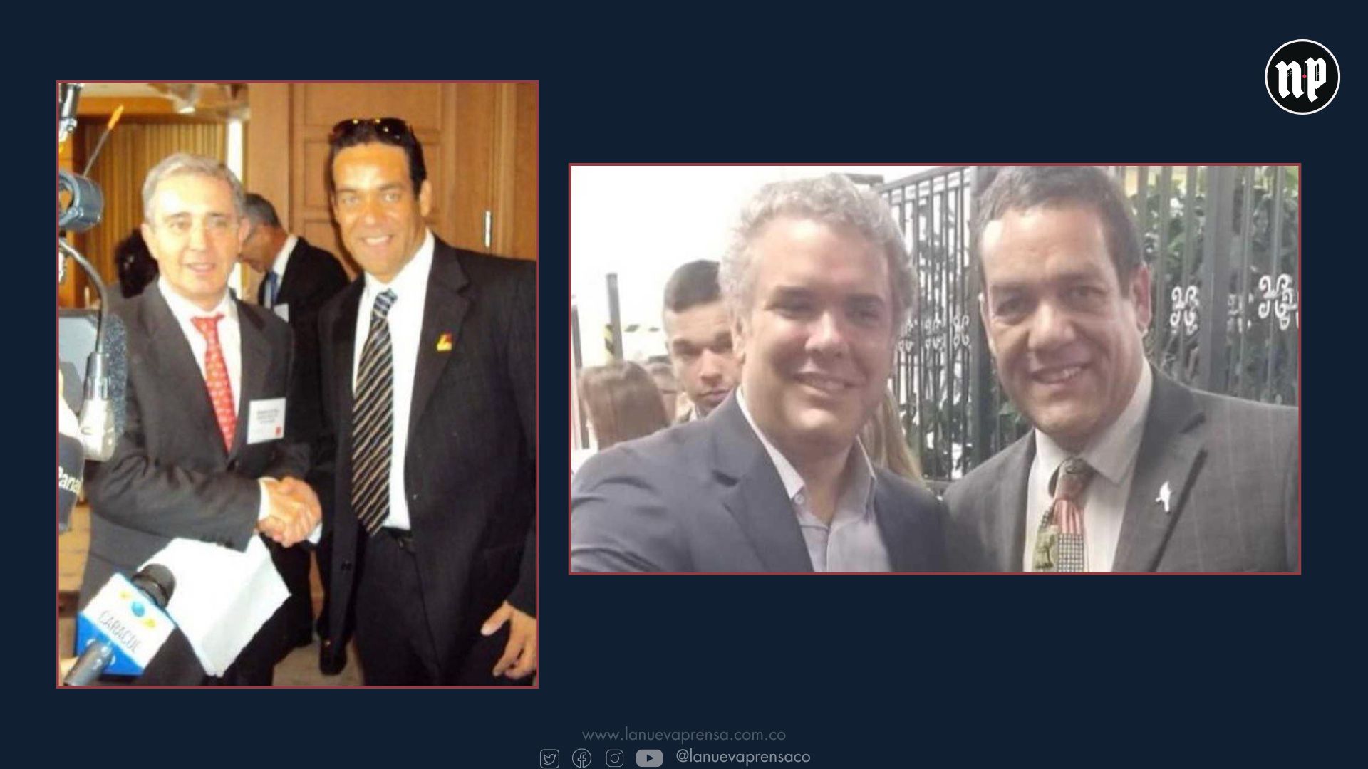 Foto izquierda, de izq. A der.: expresidente Álvaro Uribe y Antonio Intriago. Foto derecha, de izq. A der.: expresidente Iván Duque y Antonio Intriago. Foto izquierda, de izq. A der.: expresidente Álvaro Uribe y Antonio Intriago. Foto derecha, de izq. A der.: expresidente Iván Duque y Antonio Intriago.