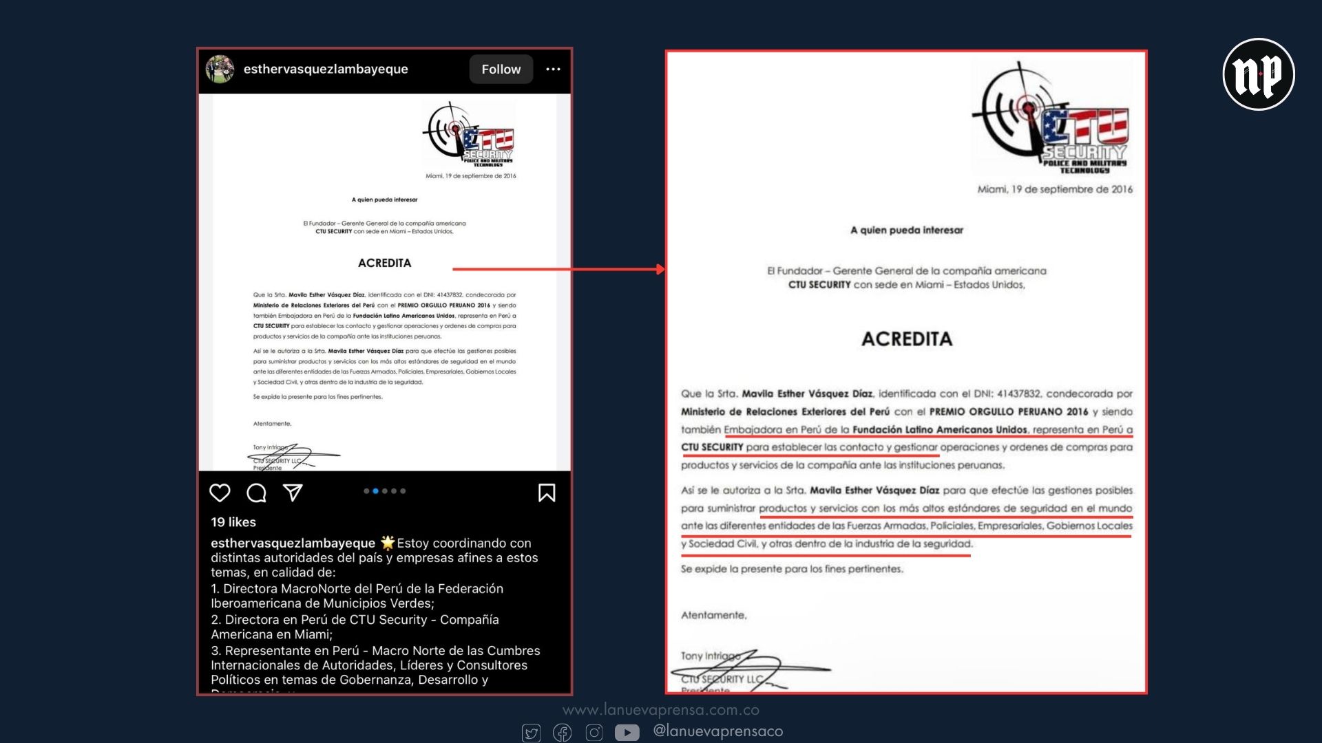 Carta redactada y firmada por Antonio Intriago para delegar a la peruana Mavila Esther Vásquez, como representante en ese país de CTU Security para hacer negocios dentro de la industria de la seguridad privada. En la carta se evidencia el uso de su pertenencia a la FLAU como respaldo para dicha acreditación. La cuenta de Instagram desde donde se recuperó esta carta cambió de nombre y la foto fue eliminada; sin embargo, la misma reposa actualmente en el perfil de Facebook de la peruana. Carta redactada y firmada por Antonio Intriago para delegar a la peruana Mavila Esther Vásquez, como representante en ese país de CTU Security para hacer negocios dentro de la industria de la seguridad privada. En la carta se evidencia el uso de su pertenencia a la FLAU como respaldo para dicha acreditación. La cuenta de Instagram desde donde se recuperó esta carta cambió de nombre y la foto fue eliminada; sin embargo, la misma reposa actualmente en el perfil de Facebook de la peruana.
