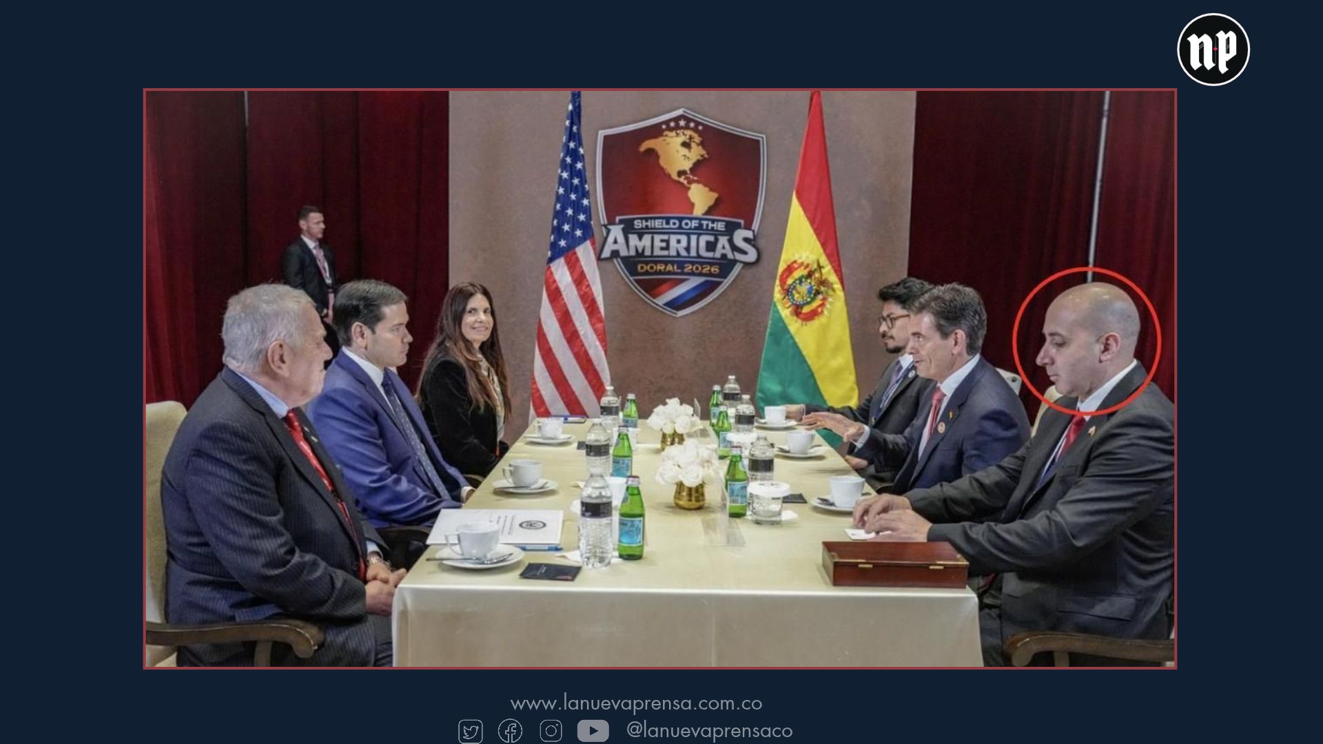 Foto de la reunión bilateral entre Estados Unidos y Bolivia, en el marco del encuentro del Escudo de las Américas, el 7 de marzo de 2026, en la Florida. Izq. En la mitad el secretario de Estado de EE.UU. Marco Rubio, acompañado de su delegación. Der. (del frente al fondo) Fernando Cerimedo, el presidente boliviano Rodrigo Paz y Fernando Aramayo, entonces Canciller de Bolivia y hoy ministro de la Presidencia. Foto de la reunión bilateral entre Estados Unidos y Bolivia, en el marco del encuentro del Escudo de las Américas, el 7 de marzo de 2026, en la Florida. Izq. En la mitad el secretario de Estado de EE.UU. Marco Rubio, acompañado de su delegación. Der. (del frente al fondo) Fernando Cerimedo, el presidente boliviano Rodrigo Paz y Fernando Aramayo, entonces Canciller de Bolivia y hoy ministro de la Presidencia.