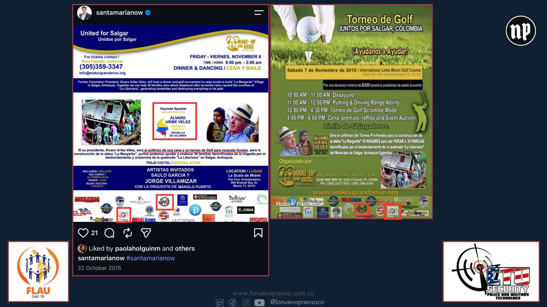 Izq.: cartel de evento de cena y baile para recolectar fondos por salgar. En los logos de los patrocinadores se encuentra el de la FLAU y de la criminal CTU Security. Der.: Cartel del torneo de golf organizado con el mismo fin, donde se evidencian nuevamente los logos de la FLAU y CTU Security como patrocinadores. Izq.: cartel de evento de cena y baile para recolectar fondos por salgar. En los logos de los patrocinadores se encuentra el de la FLAU y de la criminal CTU Security. Der.: Cartel del torneo de golf organizado con el mismo fin, donde se evidencian nuevamente los logos de la FLAU y CTU Security como patrocinadores.