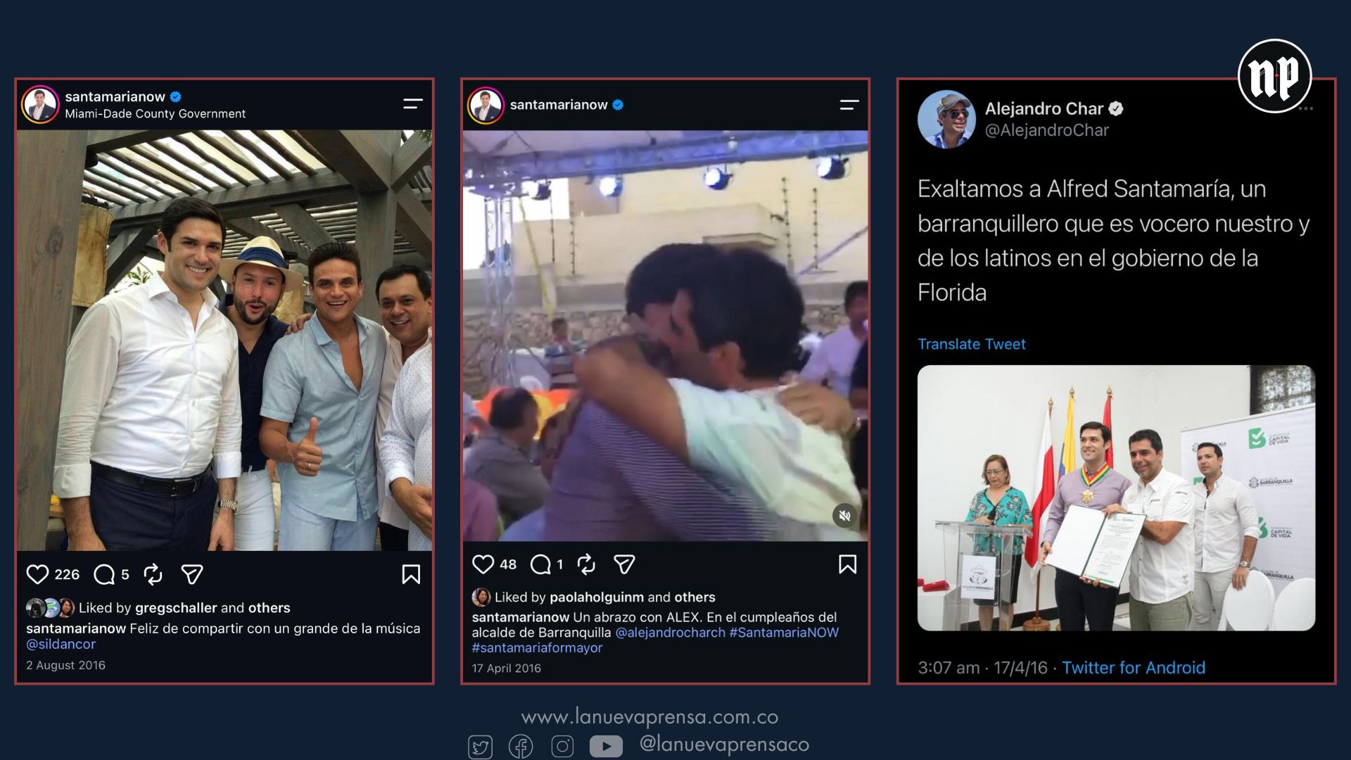 Foto izquierda: Alfredo Santamría, Greg Schaller y Silvestre Dangond. Foto centro: Alfred Santamaría abrazando al alcalde de Barranquilla Álex Char en su cumpleaños. Foto derecha: Álex Char condecorando a Alfred Santamaría por ser vocero de los latinos ante el gobierno de la Florida. Foto izquierda: Alfredo Santamría, Greg Schaller y Silvestre Dangond. Foto centro: Alfred Santamaría abrazando al alcalde de Barranquilla Álex Char en su cumpleaños. Foto derecha: Álex Char condecorando a Alfred Santamaría por ser vocero de los latinos ante el gobierno de la Florida.