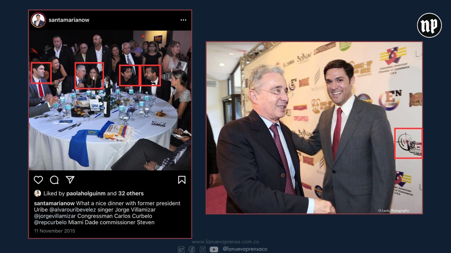 Izquierda: Foto de la mesa principal en la cena de recaudación de fondos. De izq. A der. Alfred Santamaría, Álvaro Uribe, María Paula Correa, Jorge Villamizar, Carlos Curbelo, junto a otros miembros del Centro Democrático y empresarios de la Florida. Foro derecha: Álvaro Uribe y Alfred Santamaría en el pasillo de recepción de la cena, con el pendón de patrocinadores a sus espaldas, donde se aprecia el logo de CTU Security. Izquierda: Foto de la mesa principal en la cena de recaudación de fondos. De izq. A der. Alfred Santamaría, Álvaro Uribe, María Paula Correa, Jorge Villamizar, Carlos Curbelo, junto a otros miembros del Centro Democrático y empresarios de la Florida. Foro derecha: Álvaro Uribe y Alfred Santamaría en el pasillo de recepción de la cena, con el pendón de patrocinadores a sus espaldas, donde se aprecia el logo de CTU Security.