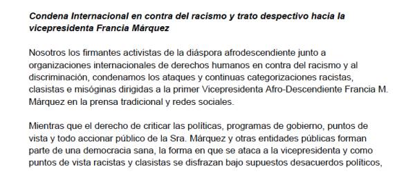 Condena Internacional en contra del racismo y trato despectivo hacia la vicepresidenta Francia Márquez