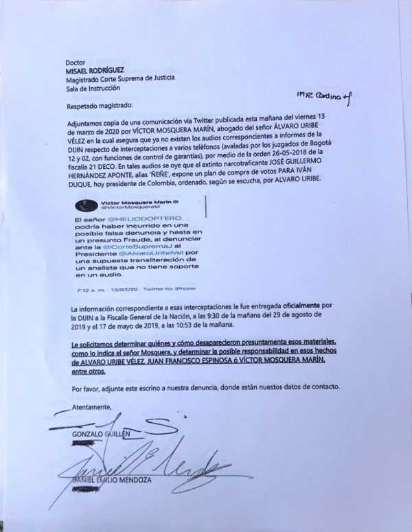 Gonzalo Guillén y Daniel Mendoza piden a la Corte Suprema investigar a Uribe y al Fiscal Barbosa por desaparición de pruebas del “Ñeñe”